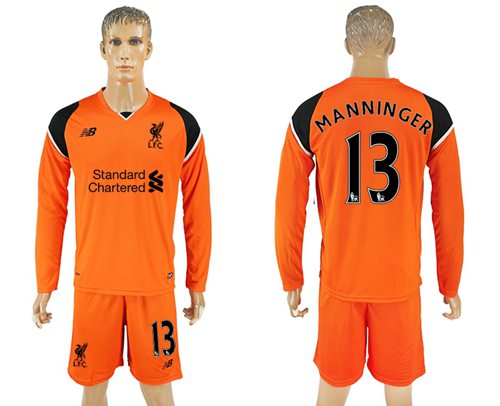Liverpool #13 Manninger Orange Goalkeeper Long Sleeves Soccer Club Jersey - Click Image to Close